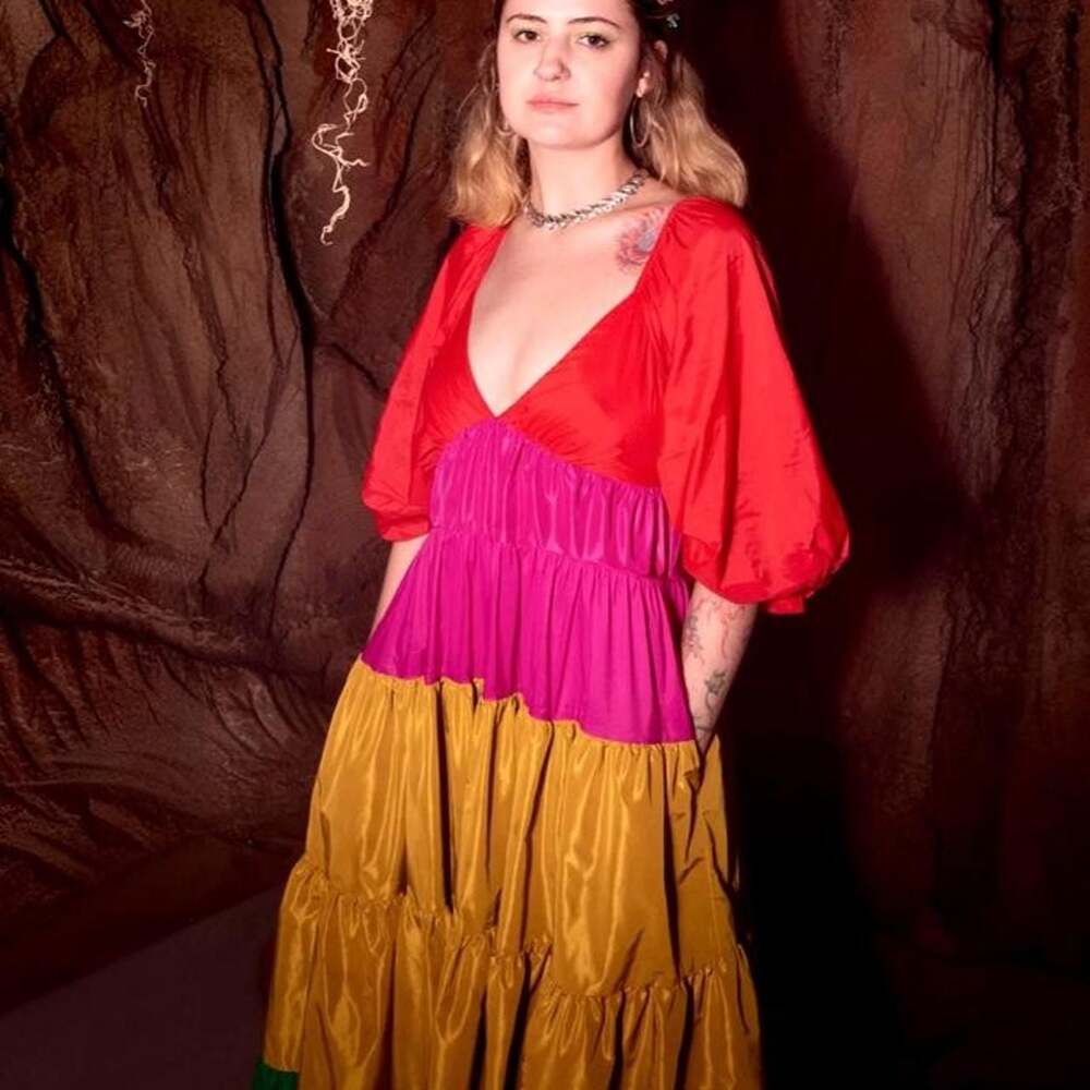 Staud Colorblock Tiered Maxi Dress Red Pink Green